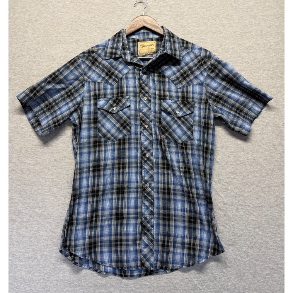 Wrangler Western Fashion Snap Shirt Mens Medium Blue Multi Plaid Pearl Snap Up